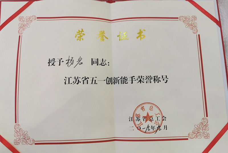 江苏省总工会授予我校杨岩老师五一创新能手荣誉称号