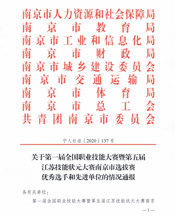 市人社局，教育局，总工会等七部委授予我校《优秀组织奖》
